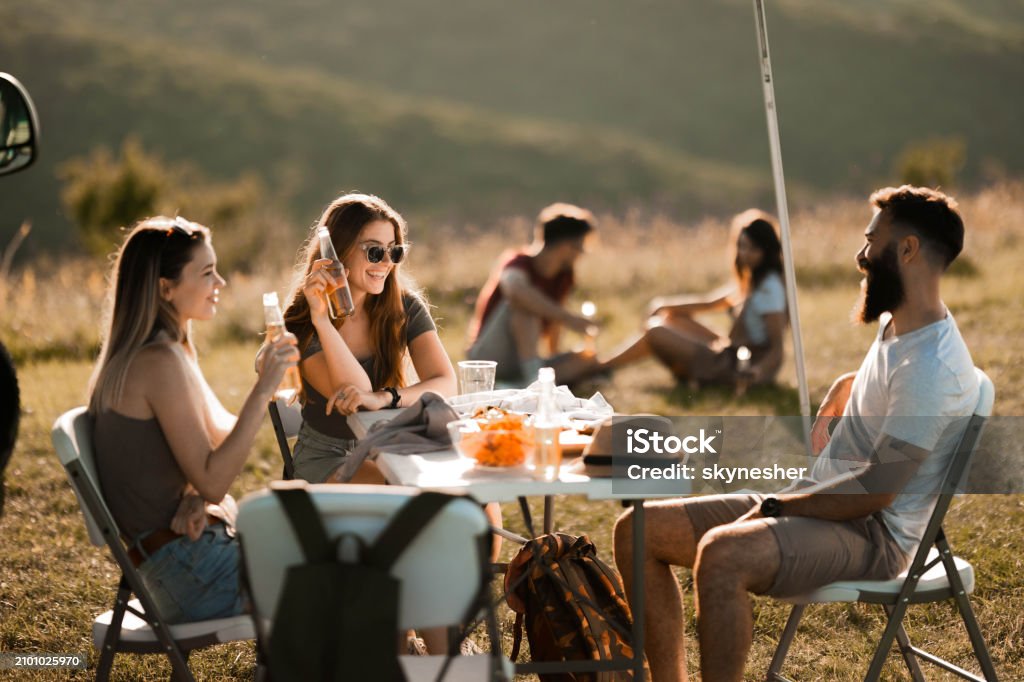 Friends Talking Spring Young Happy Friends Talking While Spending A Spring Day On A Camping ...