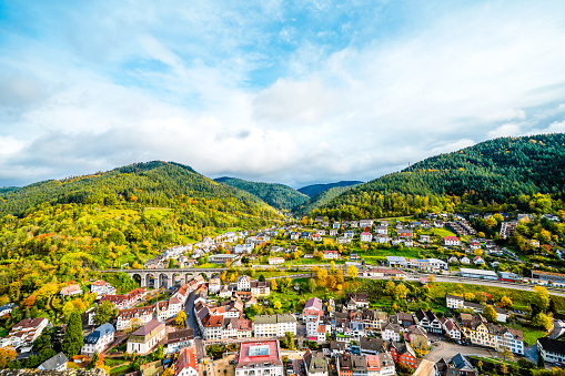 View of the town of Hornberg in the Black Forest. City in Baden-Württemberg with the surrounding green nature with forests and mountains.