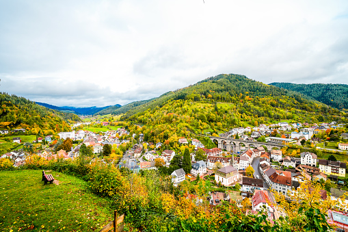 View of the town of Hornberg in the Black Forest. City in Baden-Württemberg with the surrounding green nature with forests and mountains.