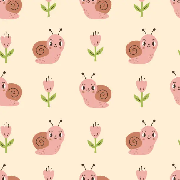 Vector illustration of Cute snail and flower childish seamless pattern pastel color