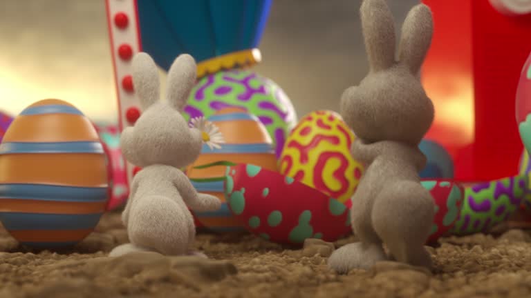 Fluffy Bunny Duo: Dancing Amidst an Array of Easter Eggs