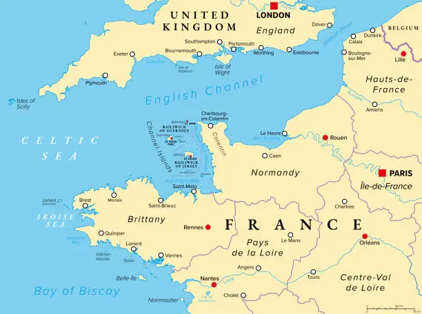 Vector illustration of Northern France coast along English Channel and Bay of Biscay, political map