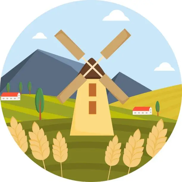 Vector illustration of landscape with mill round