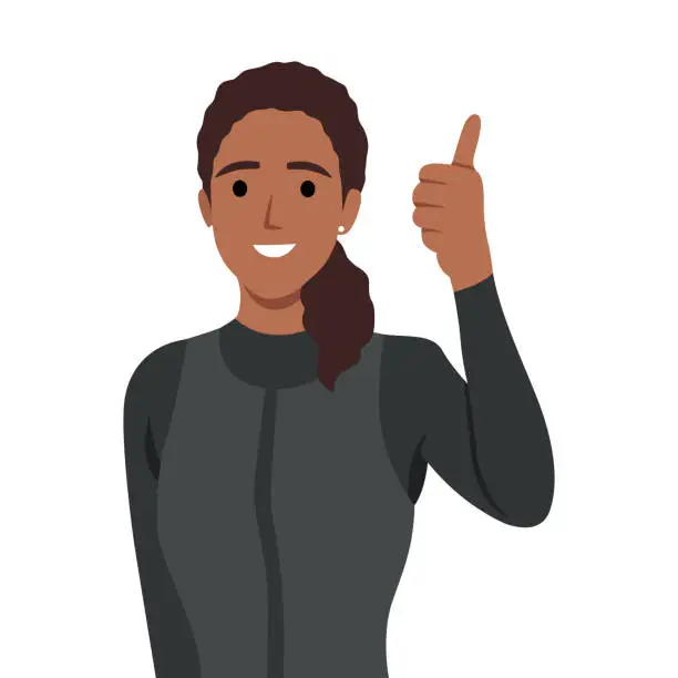 Vector illustration of Woman diver wearing diver suit and giving a thumb up.