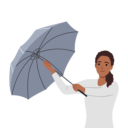 Woman opening umbrella in rain. Autumn or spring season, rainy windy weather. Flat vector illustration isolated on white background