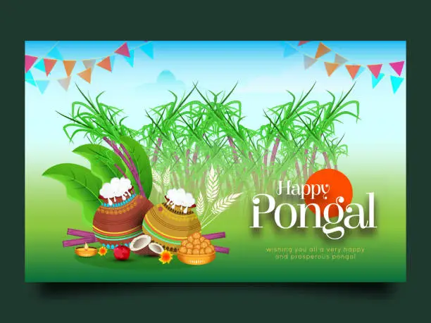 Vector illustration of Happy Pongal Vector Illustration of Traditional Tamil Nadu India Festival Celebration with Sugarcane and Plate of Religious Props