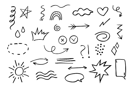 Doodle elements. Sketch underline, accent, arrow shape set, highlight, speech bubble, underline. Vector.