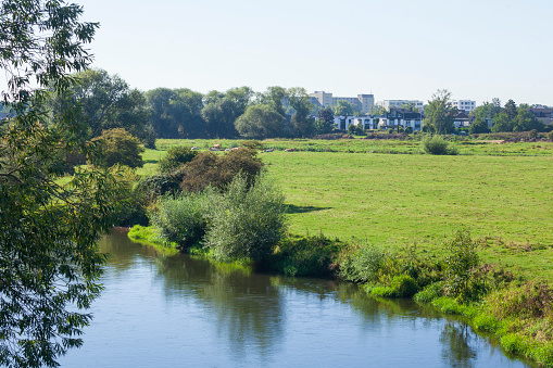 Modern residential building with meadow on the Leine, Neustadt am Rübenberge, Lower Saxony, Germany