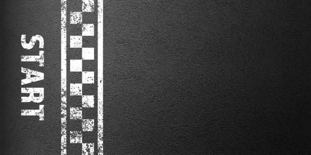 istock Asphalt road with white start line marking, concrete highway surface, texture. Street traffic lane, road dividing strip. Pattern with grainy structure, grunge stone background. Vector illustration 2101097755