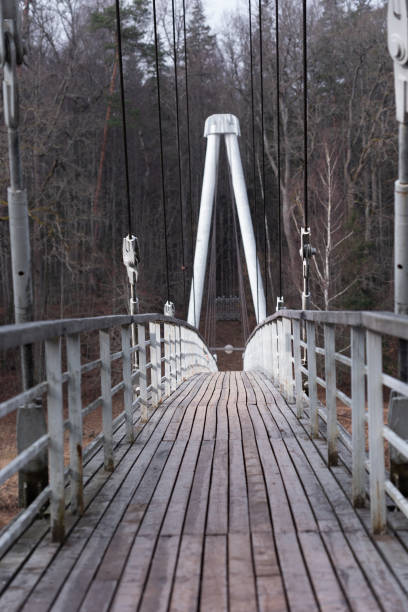 An early spring landscape with wooden walking bridge over the river. Natural rural sceney in Northern Europe.