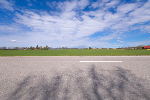 A beautiful springtime scenery with alphalt road in Latvia. Natural landscape of Northern Europe.