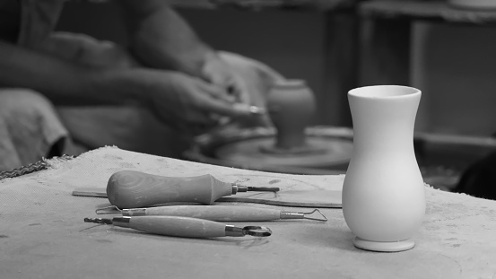 Pottery Workshop. Close up. Soft focus. Instruments on a table