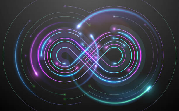 neonový symbol nekonečna v technologických liniích - nekonečno stock ilustrace