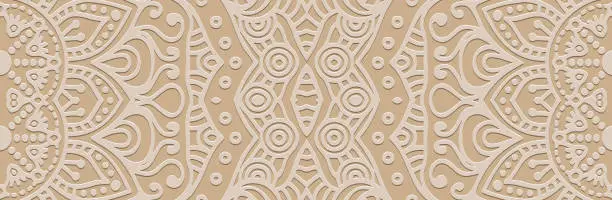 Vector illustration of Banner, tribal art cover design. Relief geometric 3D pattern on a beige background. Vintage art, ethnicity of the East, Asia, India, Mexico, Aztec. Ideas for creativity.