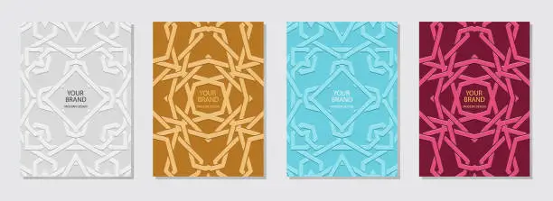 Vector illustration of Set of covers, different colors vertical templates. Collection of relief, geometric backgrounds with ethnic linear 3D pattern, handmade. Creativity of the East, Asia, India, Mexico, Aztec.