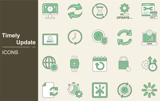 Vector illustration of Timely Update icon set. Time, Clock, Arrow, Date, 24 Hours, Alarm Clock, Appointment, Bell, Calendar, Countdown, Date, Deadline, Delivery, Efficiency, Hourglass, Investment, Management, Performance