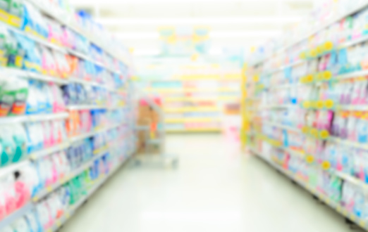 Supermarket shelf blur Background Interior Store Market Corridor Big Distribution Rack Building Grocery Shop Retail Shelves Food Mall Product Inside Hall Display Promotion, Merchandise Interior .