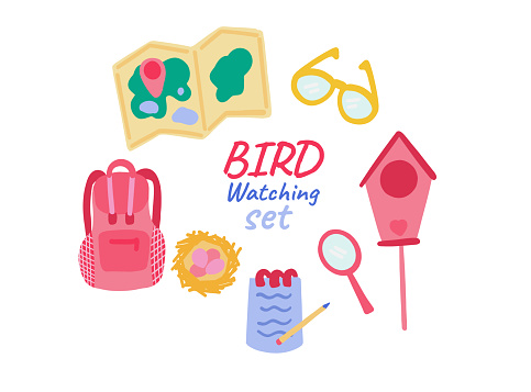 Flat design set of bird watching with bag loop and map. Vector illustration