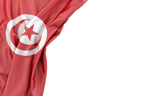 Flag of Tunisia in the corner on white background. 3D rendering. Isolated