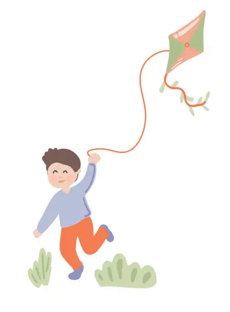 Vector illustration of Running boy with flying kite flat design