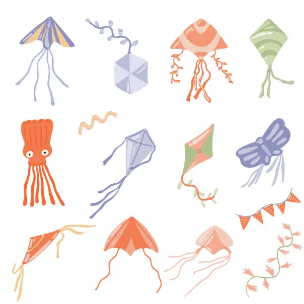 Vector illustration of Group of flat designed kites and ribbons