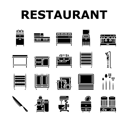 restaurant equipment kitchen cafe icons set vector. fryer commercial, professional industry, clean utensil, interior fridge, stainless restaurant equipment kitchen cafe glyph pictogram Illustrations