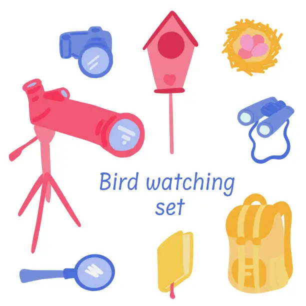 Vector illustration of Camera bag bird watching flat design set elements