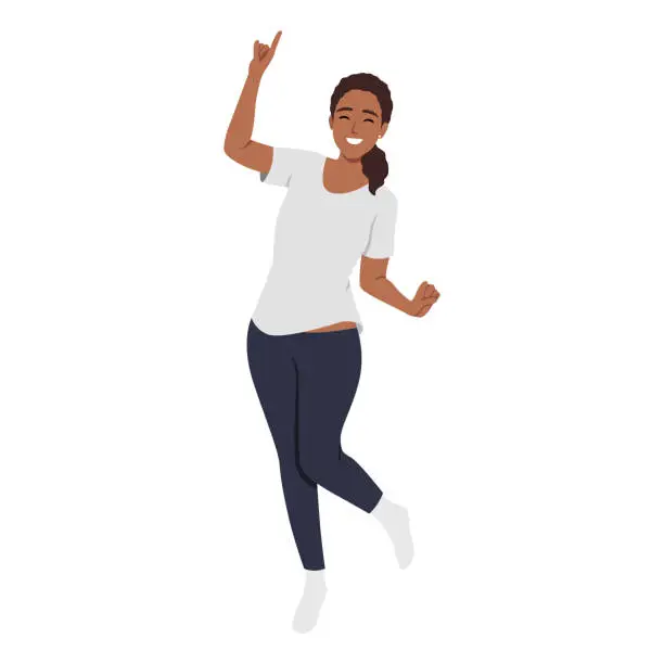 Vector illustration of Happy surprised woman in jeans jumping in the air.