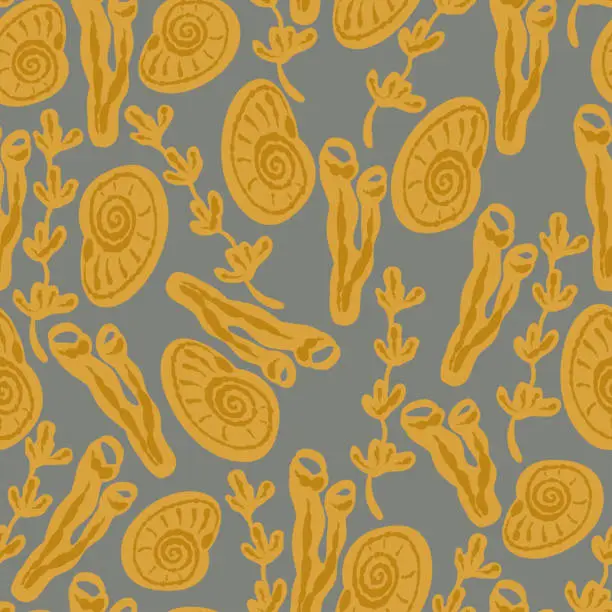 Vector illustration of Gold retro flat design shells seamless pattern