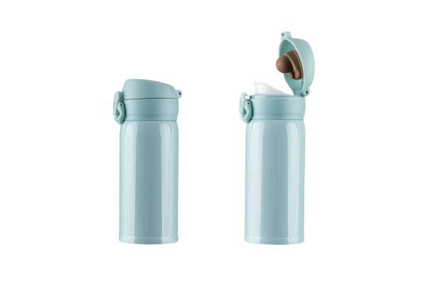 Blue thermos for hot and cold drinks isolated on a white background.