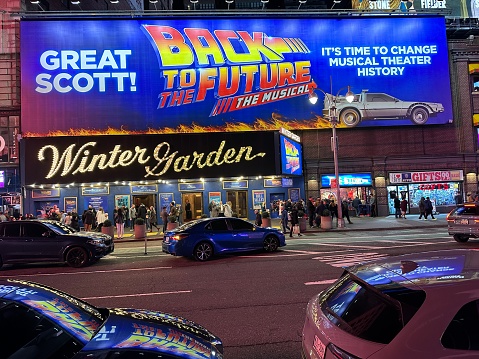 Exterior signs on the Winter Garden theatre on Broadway where the Back to the Future musical is showing