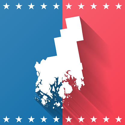 Map of Hancock County - Maine, on a blue and red colored background. The blue color represents the Democratic Party and the red color represents the Republican Party. White stars are placed above and below the map. Vector Illustration (EPS file, well layered and grouped). Easy to edit, manipulate, resize or colorize. Vector and Jpeg file of different sizes.