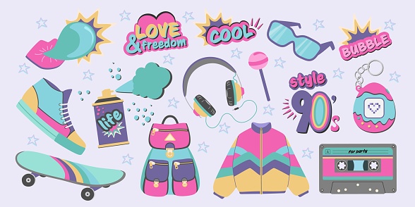 Set illustrations in 90 style. Pop art stickers 90s flat design.