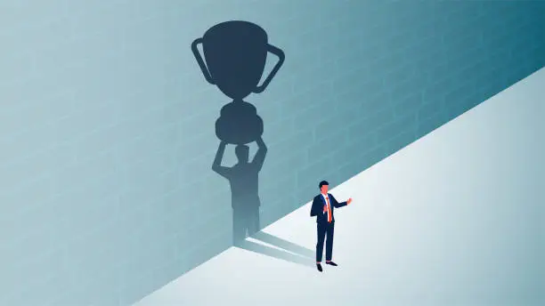 Vector illustration of Heart of a Champion, Confidence and Determination to Win, Award or Achievement, First Place or Best, Shadow of a Businessman Holding a Trophy in Both Hands