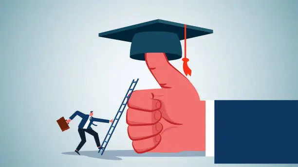 Vector illustration of Getting higher and better academics and education, self-study education and self-improvement, businessmen climbing ladders to climb to pick the graduation cap on their giant thumbs