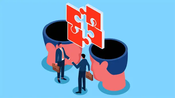 Vector illustration of Ideas for business partnerships, finding partners, teamwork, team management & management science, isometric two businessmen standing under a brain-connecting jigsaw puzzle shaking hands