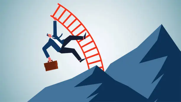 Vector illustration of Problem Solving, Trouble and Frustration, Ladders to Success, Ideas for Achieving Goals or Getting Successful, Businessman Using Ladders to Pole Vault Over Mountains