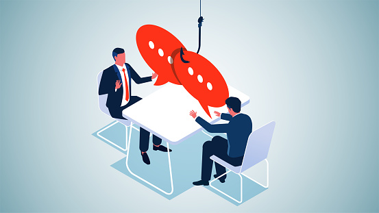 Pitfalls in Conversation, Loopholes in Negotiation and Speech, Liar or Fraudster, Isometric Two Businessmen Negotiating While Sitting at a Fishhooked Speech Foam Table