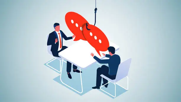 Vector illustration of Pitfalls in Conversation, Loopholes in Negotiation and Speech, Liar or Fraudster, Isometric Two Businessmen Negotiating While Sitting at a Fishhooked Speech Foam Table