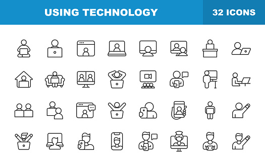 Using Technology Line Icons. Smartwatch Notification, Holding Smartphone, Using Technology, Playing Video Games, Taking Selfie, Taking Photograph, Typing, Holding Digital Tablet, Tap Gesture,  Pressing the Button, Drawing or Painting on Digital Tablet, Reading E-Book, Tablet, Smartphone, Mobile Phone, Laptop, Desktop Computer, Gaming Console, Smartwatch, Video Conference, Online Messaging, Text Messaging, Online Video, Working From Home.