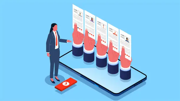 Vector illustration of Resume Delivery, Online Job Applications, Job Search and Recruitment, Isometric Career HR Managers Standing by a Cell Phone with a Resume in Hand