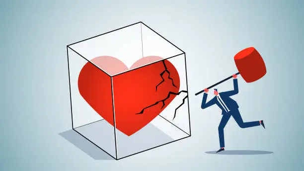 Vector illustration of Marriage problems, cold or broken relationships, improving mental health, businessmen with hammers trying to break sealed heart-shaped glass