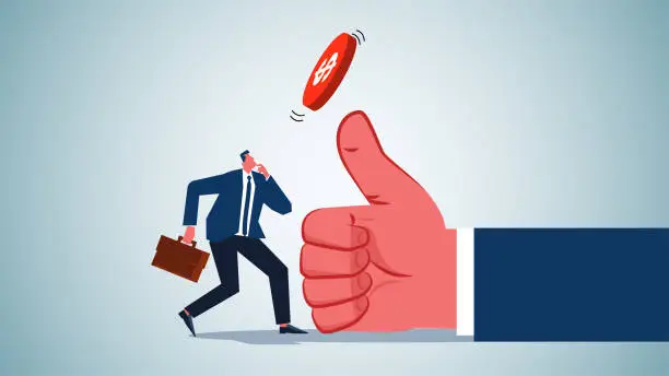 Vector illustration of Flip a coin to make a decision, uncertainty in decision making, randomness and risk, taking chances, businessman looks at the coin flipped by hand before making a decision