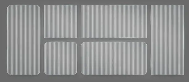 Vector illustration of Transparent plastic or plexiglass plates overlay. Textured png for bath glass rectangular panel. Glossy square screen frame set. Realistic badge board effect. Vintage blurry repeat relief stand.