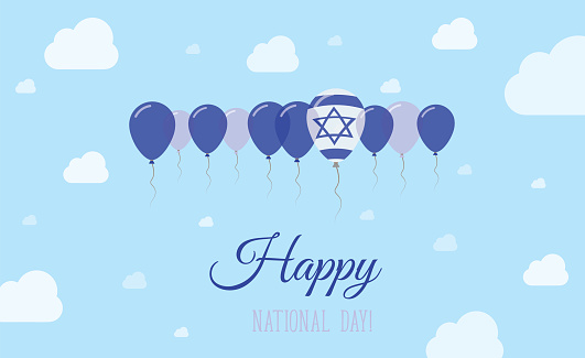Israel Independence Day Sparkling Patriotic Poster. Row of Balloons in Colors of the Israeli Flag. Greeting Card with National Flags, Blue Skyes and Clouds.