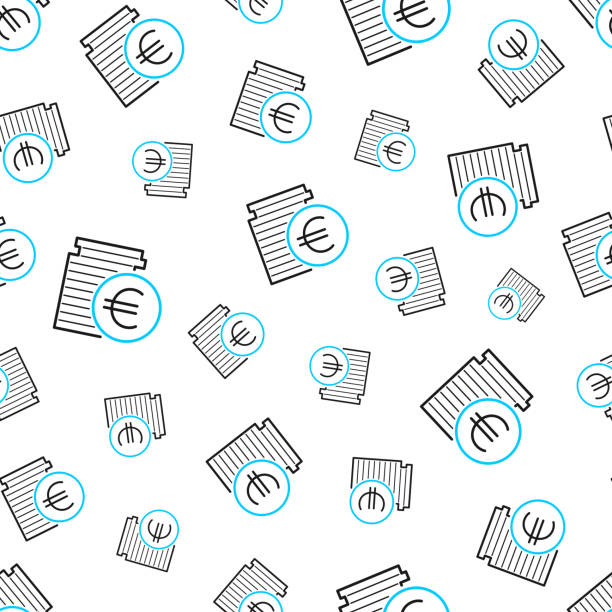 Euro coins stack. Seamless pattern. Line icons on white background Seamless pattern with a icon of "Euro coins stack". Black and blue line icon isolated on a blank background. Vector Illustration (EPS file, well layered and grouped). Easy to edit, manipulate, resize or colorize. Vector and Jpeg file of different sizes. background of a euro coins stock illustrations