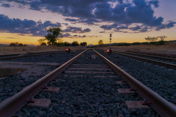 istock Twilight Descending on Train Tracks with Signals 2101226697