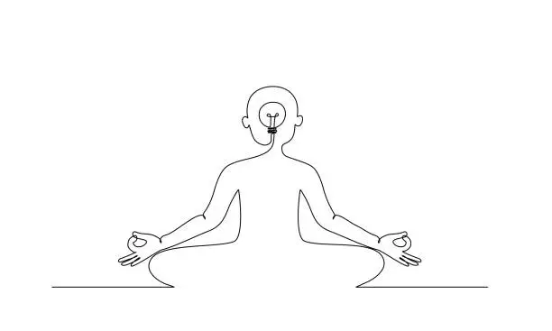 Vector illustration of A person meditating with idea sign or light bulb symbol in editable continuous line art vector.