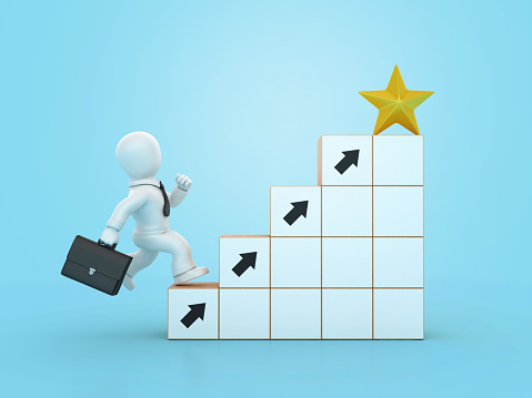 Arrows Blocks Steps with Star and Cartoon Business Character - Color Background - 3D Rendering