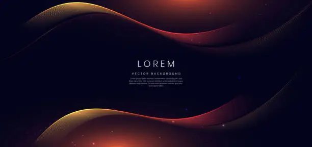 Vector illustration of Abstract yellow and red wave lines glowing on dark blue background with copy space for text. Luxury design style.